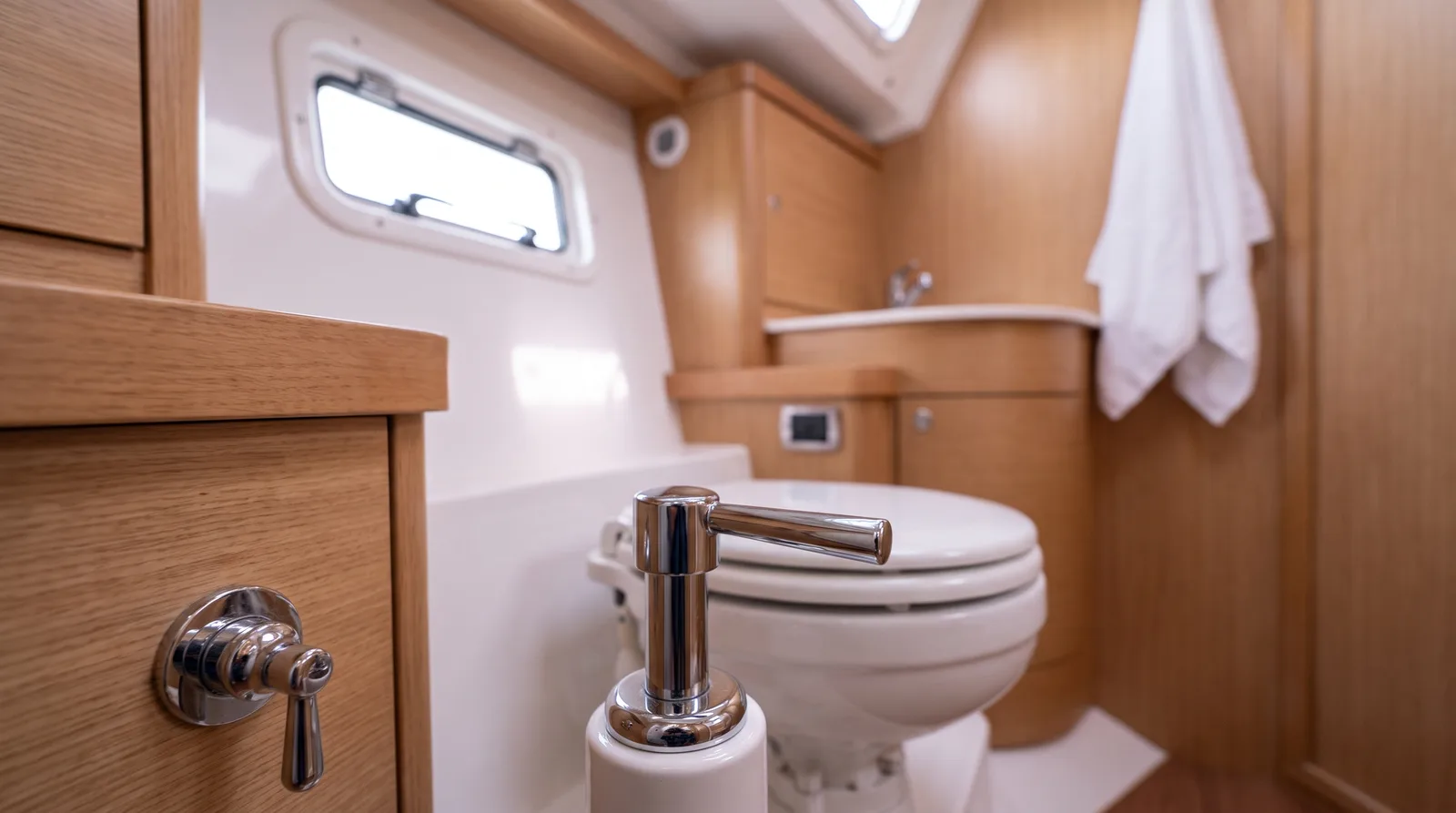 Nasszelle einer modernen Segelyacht mit Bordtoilette und verchromtem Pumpenhebel, helle Holzverkleidung
