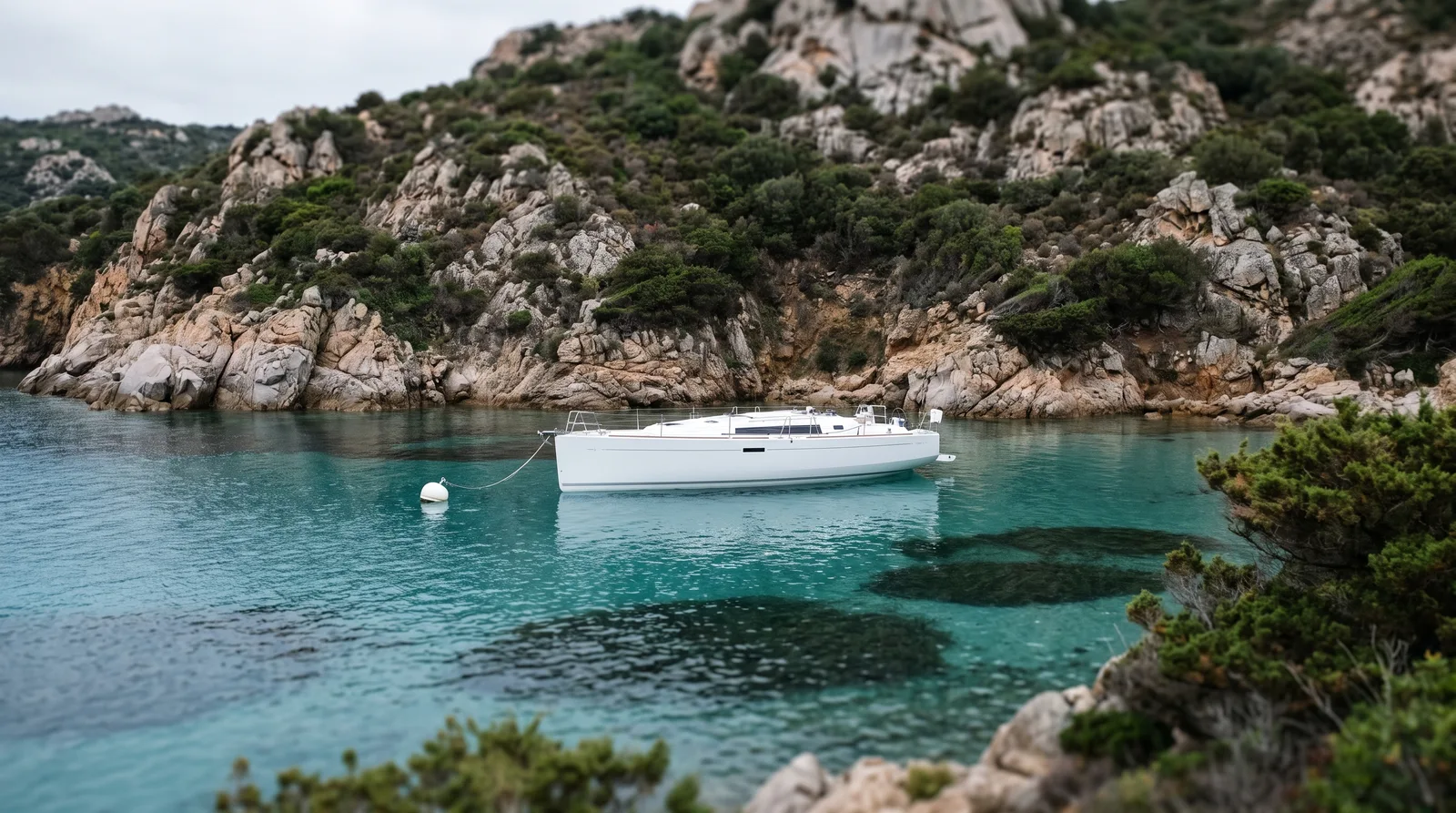 Gepflegte Segelyacht an einer weißen Boje in einer Granitbucht mit Macchia und dunklen Seegraswiesen im klaren Wasser