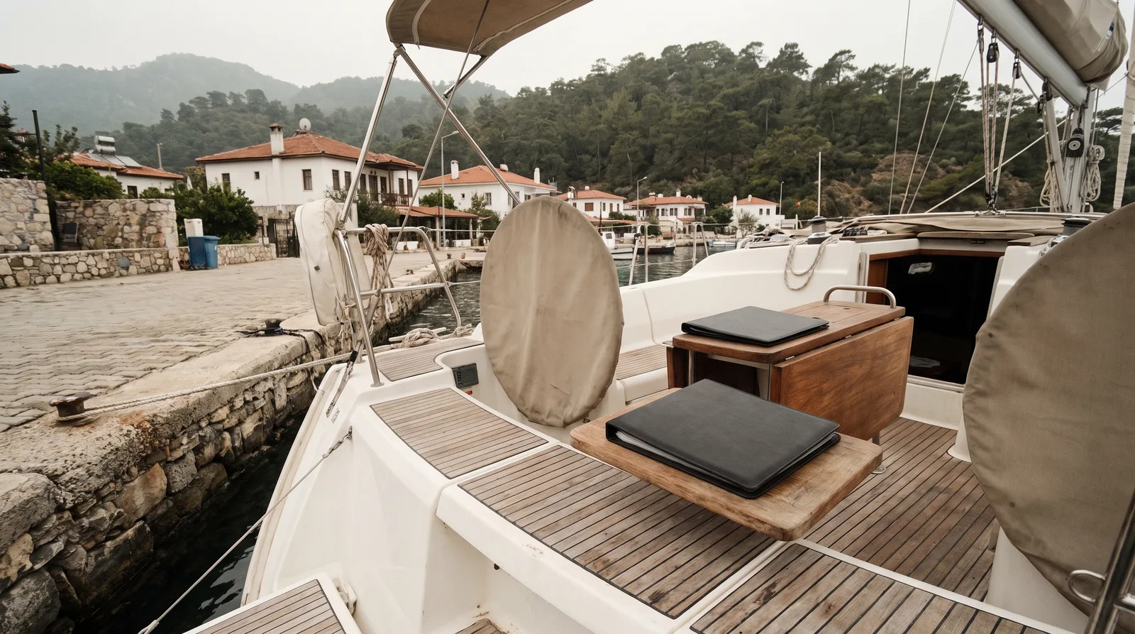 Weiße Segelyacht mit dem Heck an einer Steinmole in einem kleinen Hafen der türkischen Ägäis, auf dem Cockpittisch eine geschlossene Dokumentenmappe
