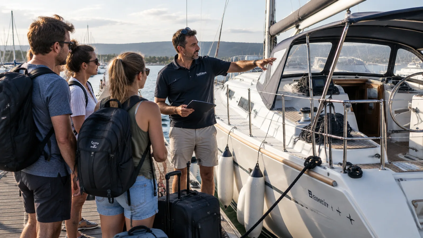 Segelyacht am Steg einer Charterbasis, Mieter übernehmen das Boot bei Tageslicht