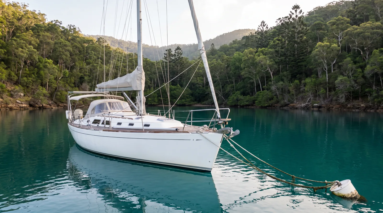 Gepflegte Segelyacht an einer Boje in einer stillen Bucht mit türkisem Wasser und bewaldeten Hügeln