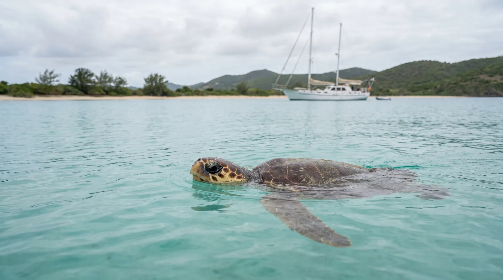 Meeresschildkröte dicht unter der Oberfläche im klaren Wasser, dahinter eine Segelyacht mit Abstand