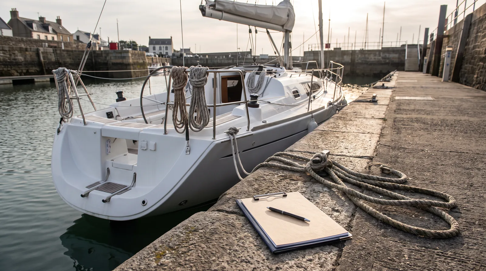 Gepflegte Charteryacht mit dem Heck an der Kaimauer, daneben Festmacherleine und ein geschlossenes Klemmbrett