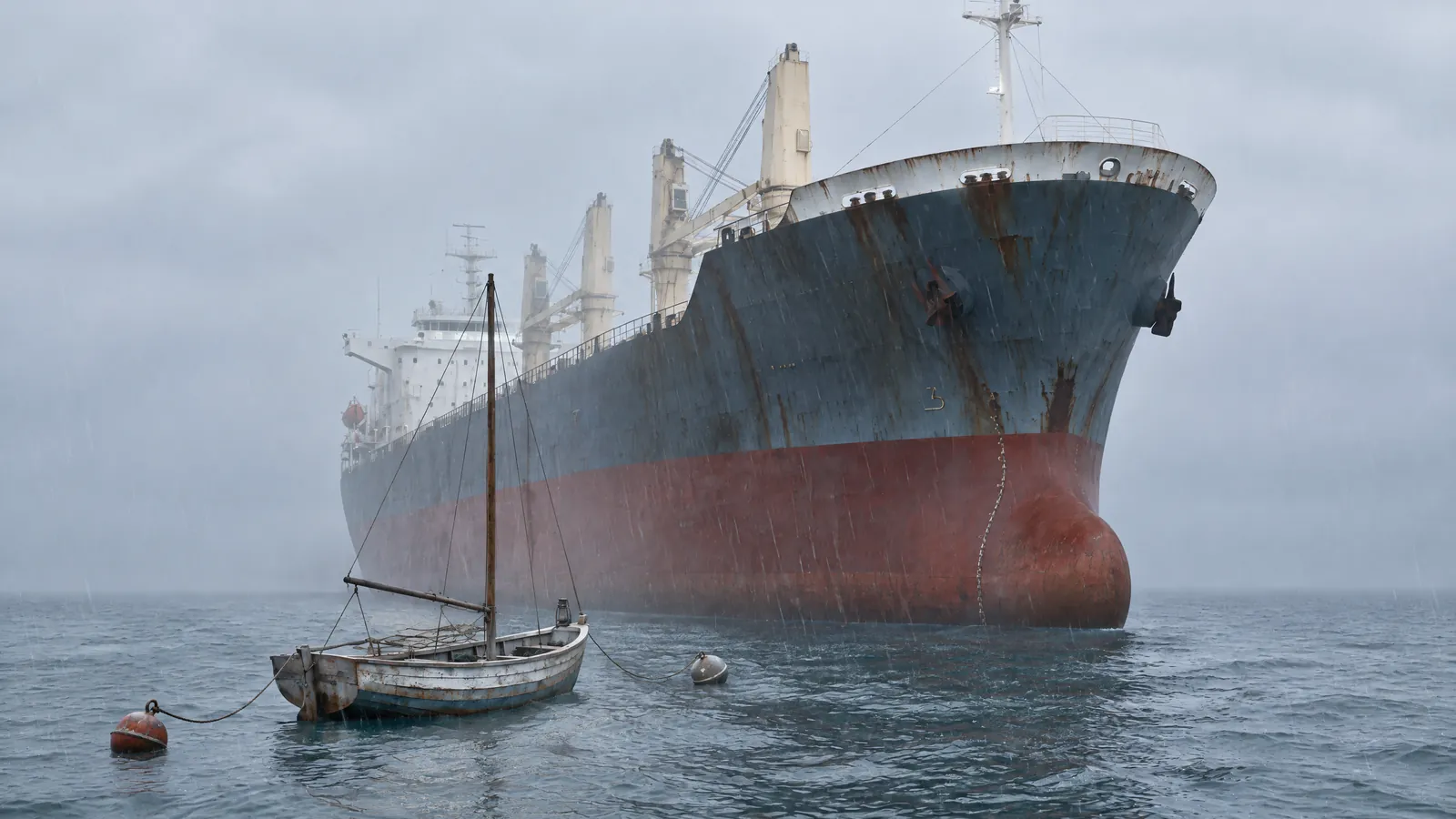 Ein kleines Holzsegelboot liegt an der Boje, dahinter schiebt sich im Regen der Bug eines großen Frachters heran