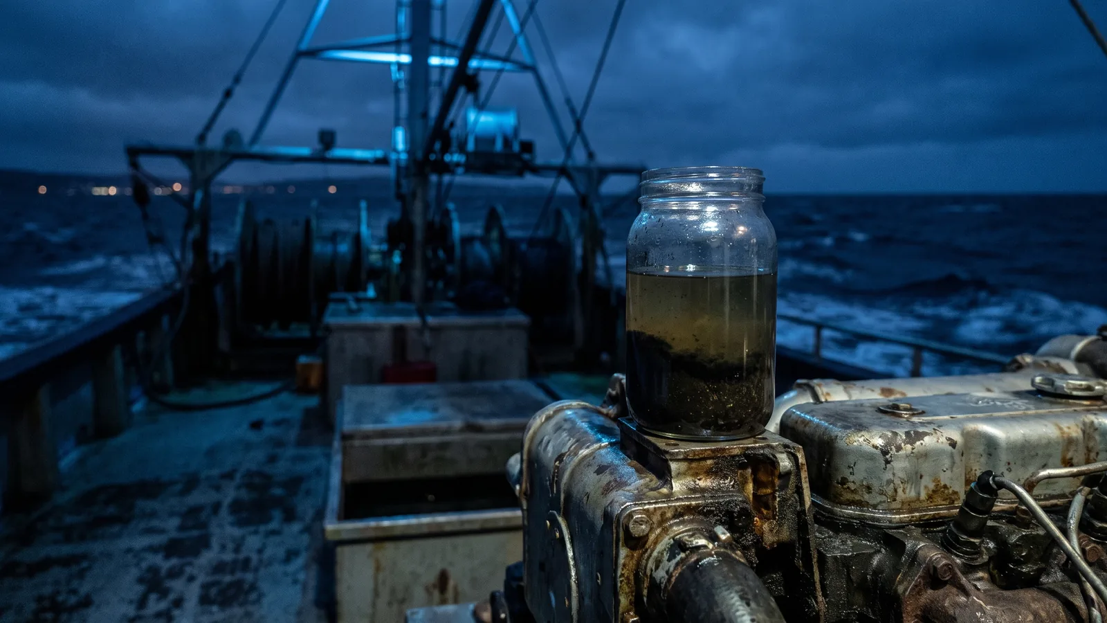 Ein Glas mit dunklem Diesel und schwarzen Flocken auf dem Motorblock eines Bootes