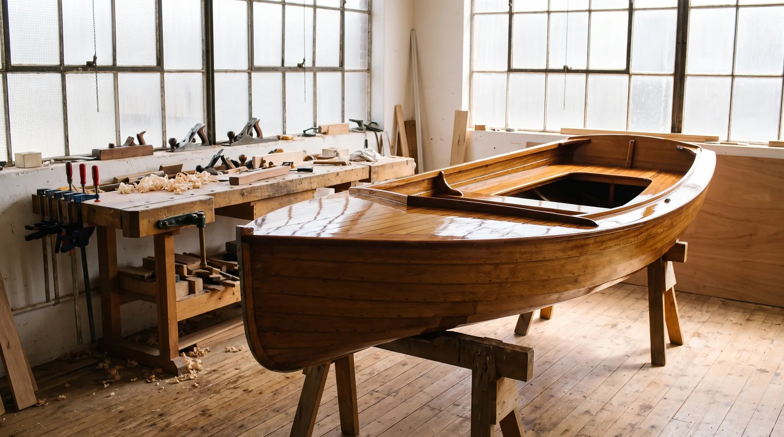 Frisch lackiertes selbst gebautes Holzboot auf Böcken in einer hellen Werkstatthalle