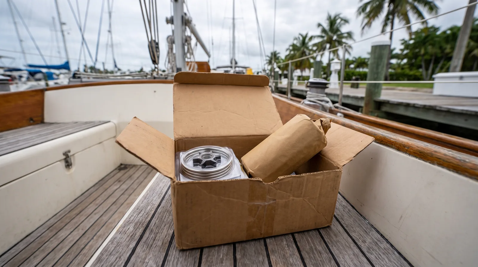 Geöffnetes Paket mit neuen Ersatzteilen im Cockpit einer Fahrtenyacht
