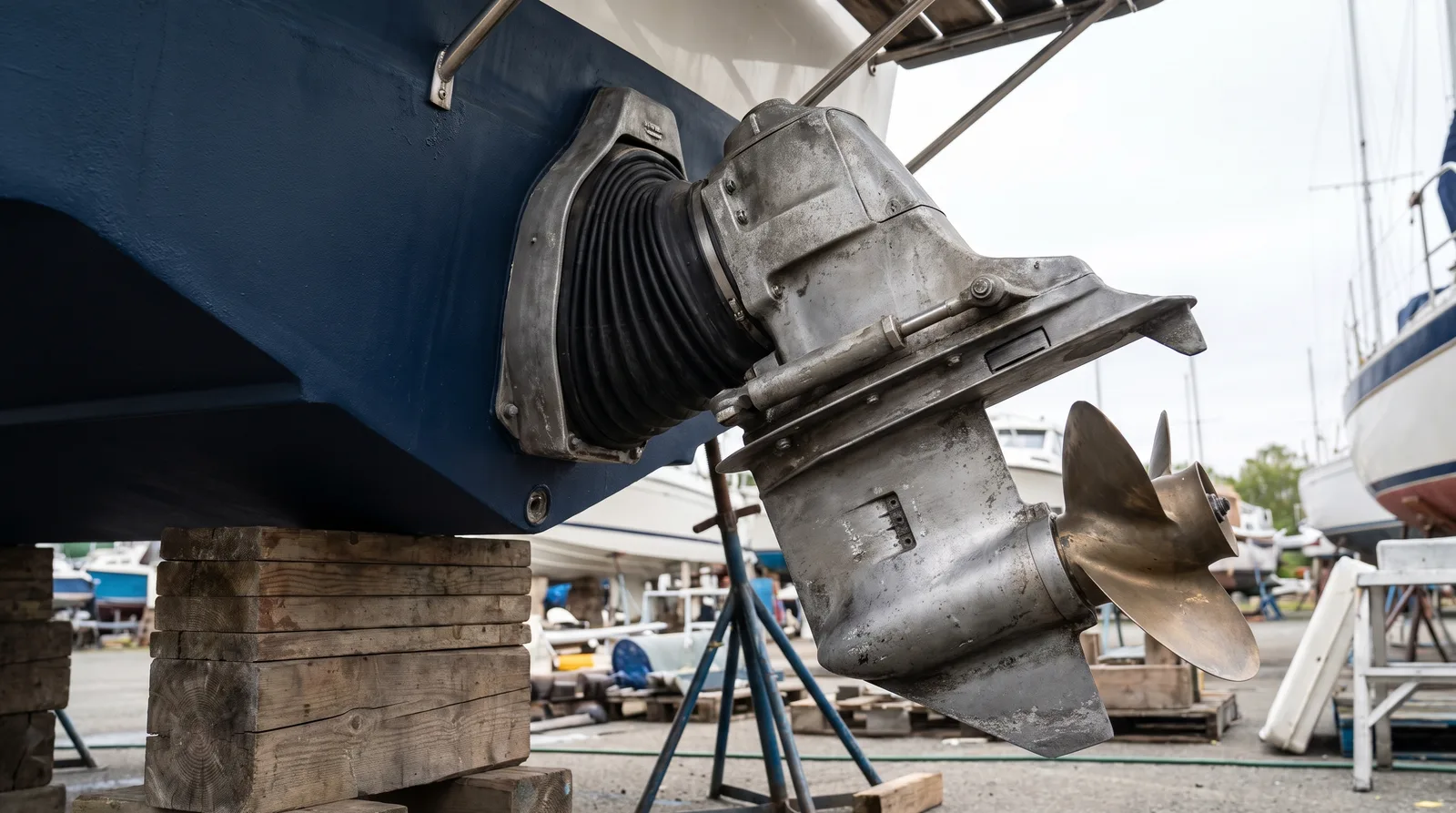 Z-Antrieb eines gepflegten Motorboots an Land mit schwarzem Gummifaltenbalg zwischen Spiegel und Antriebsbein und Propeller
