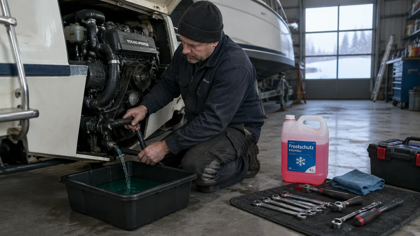 Ein Techniker lässt im Winterlager das Kühlwasser aus dem Bootsmotor ab und füllt Frostschutz nach