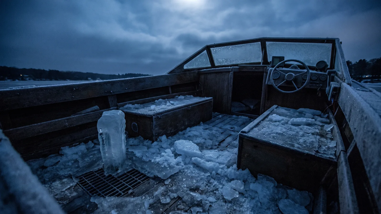 Eis steht im Cockpit eines Bootes, die Lenzöffnungen sind zugefroren