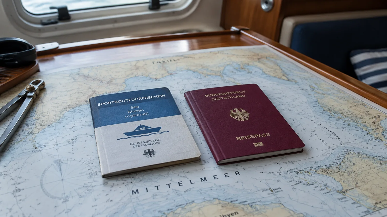 Befähigungsausweis und Reisepass liegen neben einer Seekarte der nördlichen Adria auf dem Kartentisch