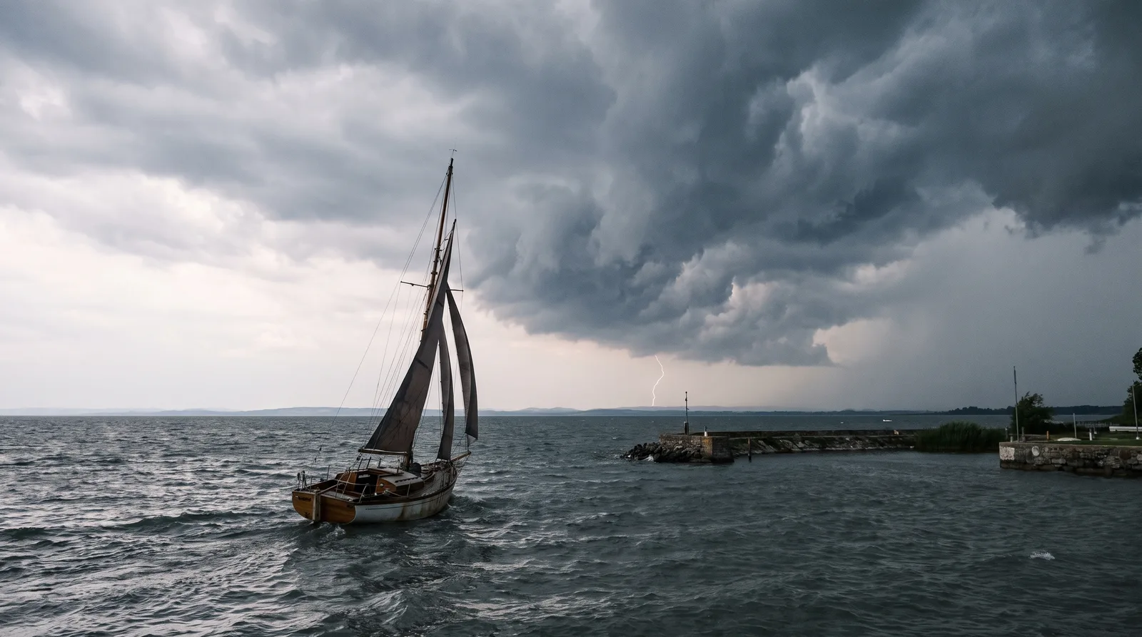 Gewitterwolken mit Blitz über einem See, eine Segelyacht ist auf dem Weg in den Hafen