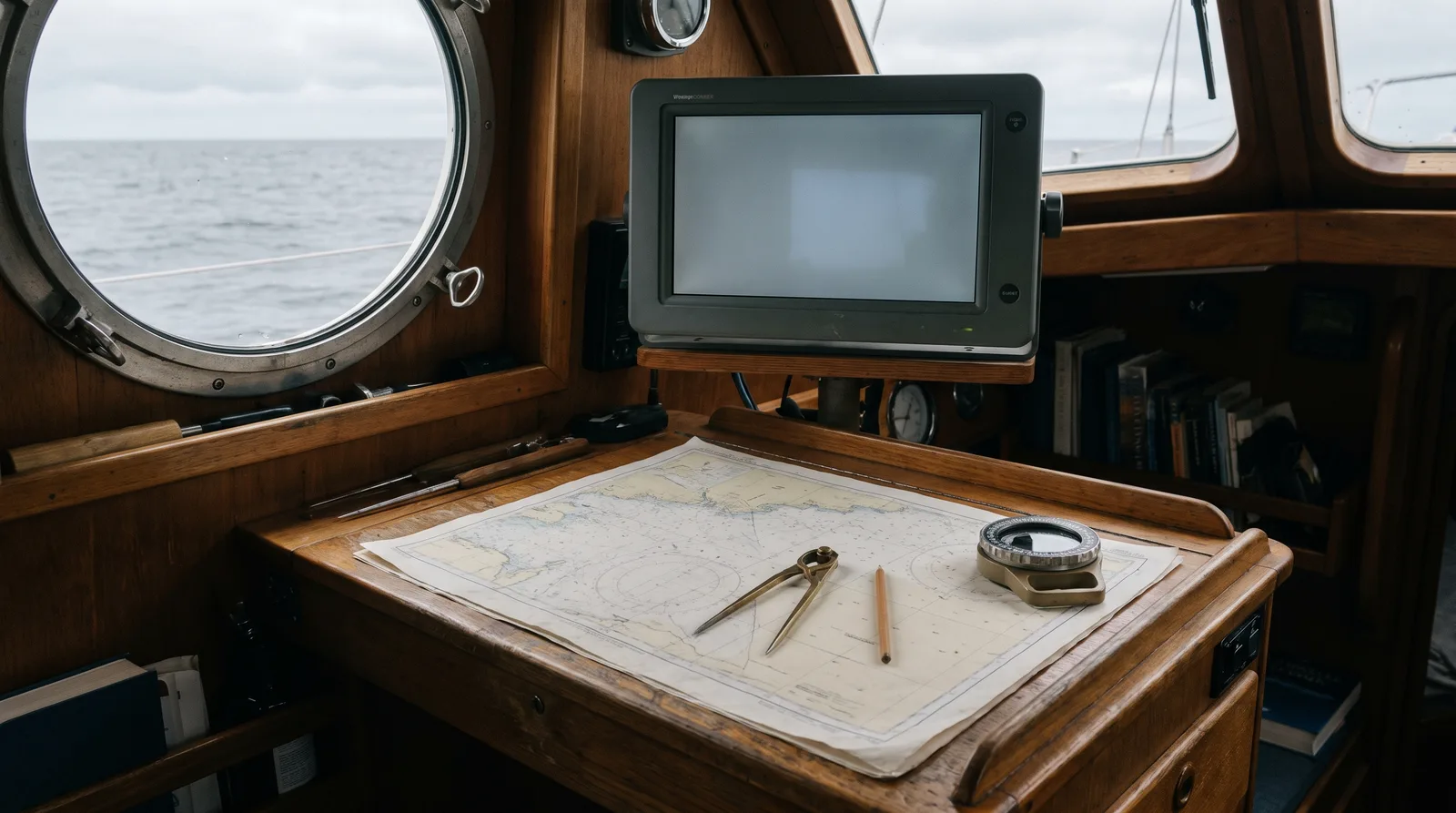 Seekarte mit Zirkel und Handpeilkompass auf dem Kartentisch einer Yacht