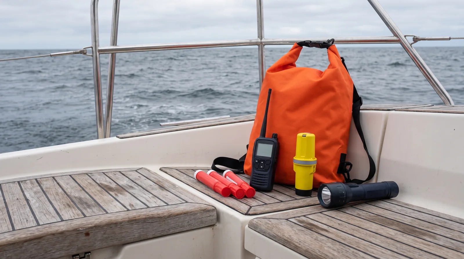 Orange Notfalltasche im Cockpit, daneben Handfunkgerät, Notsender, Lampe und Handfackeln