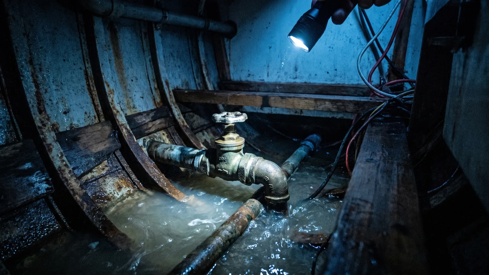 Blick in eine dunkle Bilge, in der das Wasser bereits über einem offenen Seeventil steht