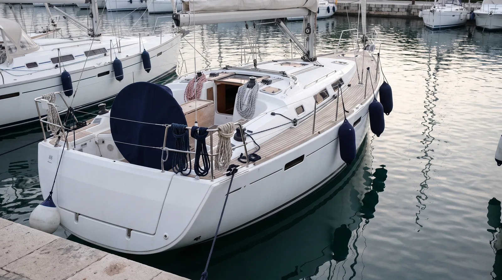 Gepflegte Segelyacht am Steg einer stillen Marina in weichem Morgenlicht