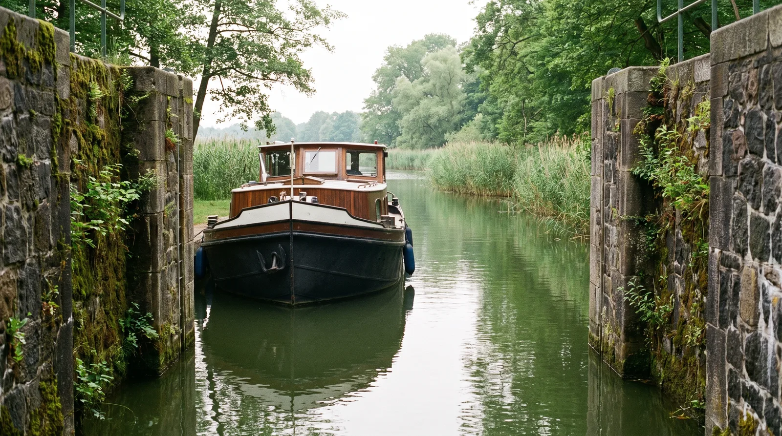 Ein Mietshausboot in einer schmalen, gemauerten Schleuse an einer grünen Wasserstraße mit Schilf