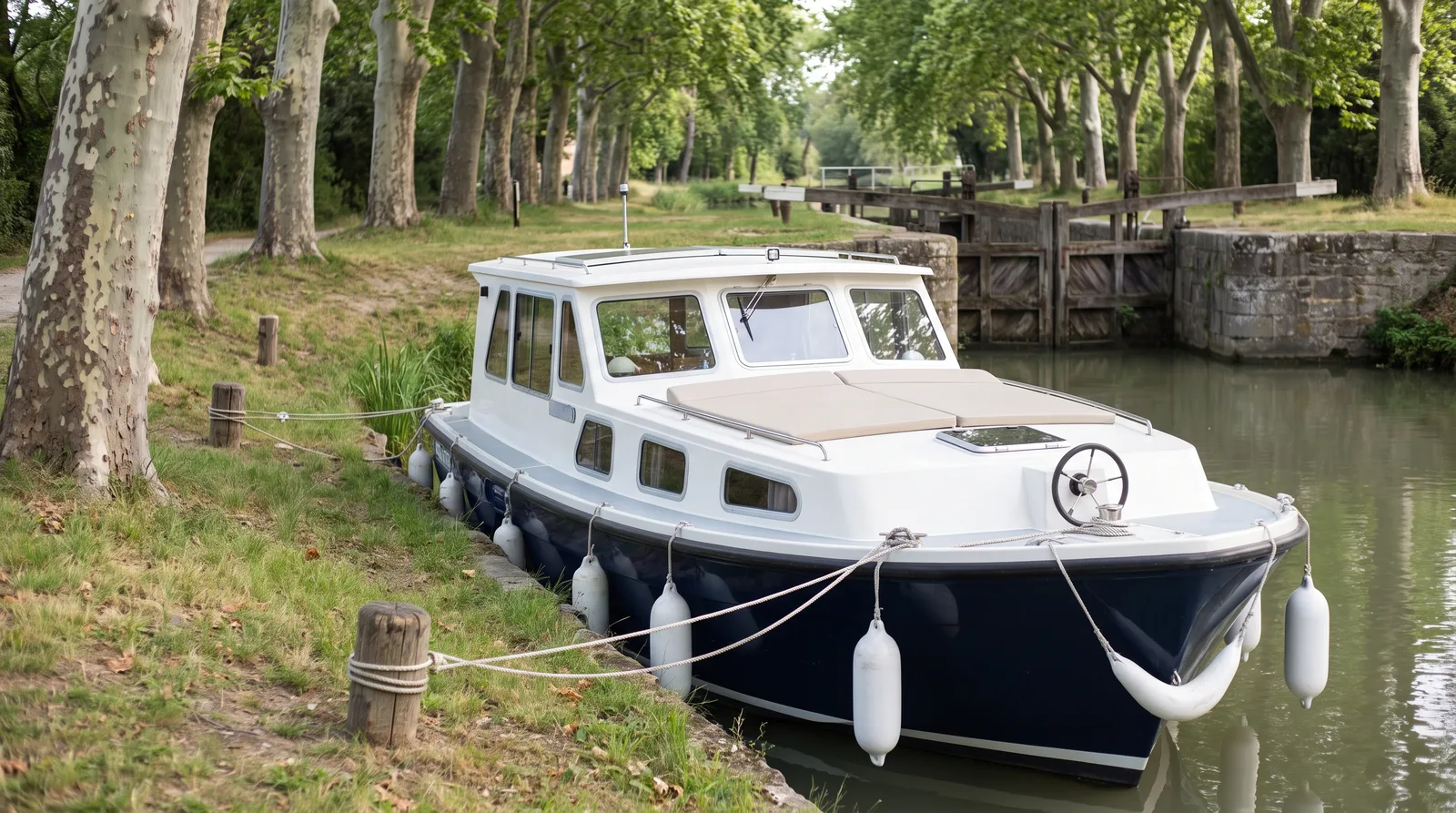 Mietboot mit dunkelblauem Rumpf an Holzpollern eines französischen Kanals unter Platanen, dahinter eine Steinschleuse
