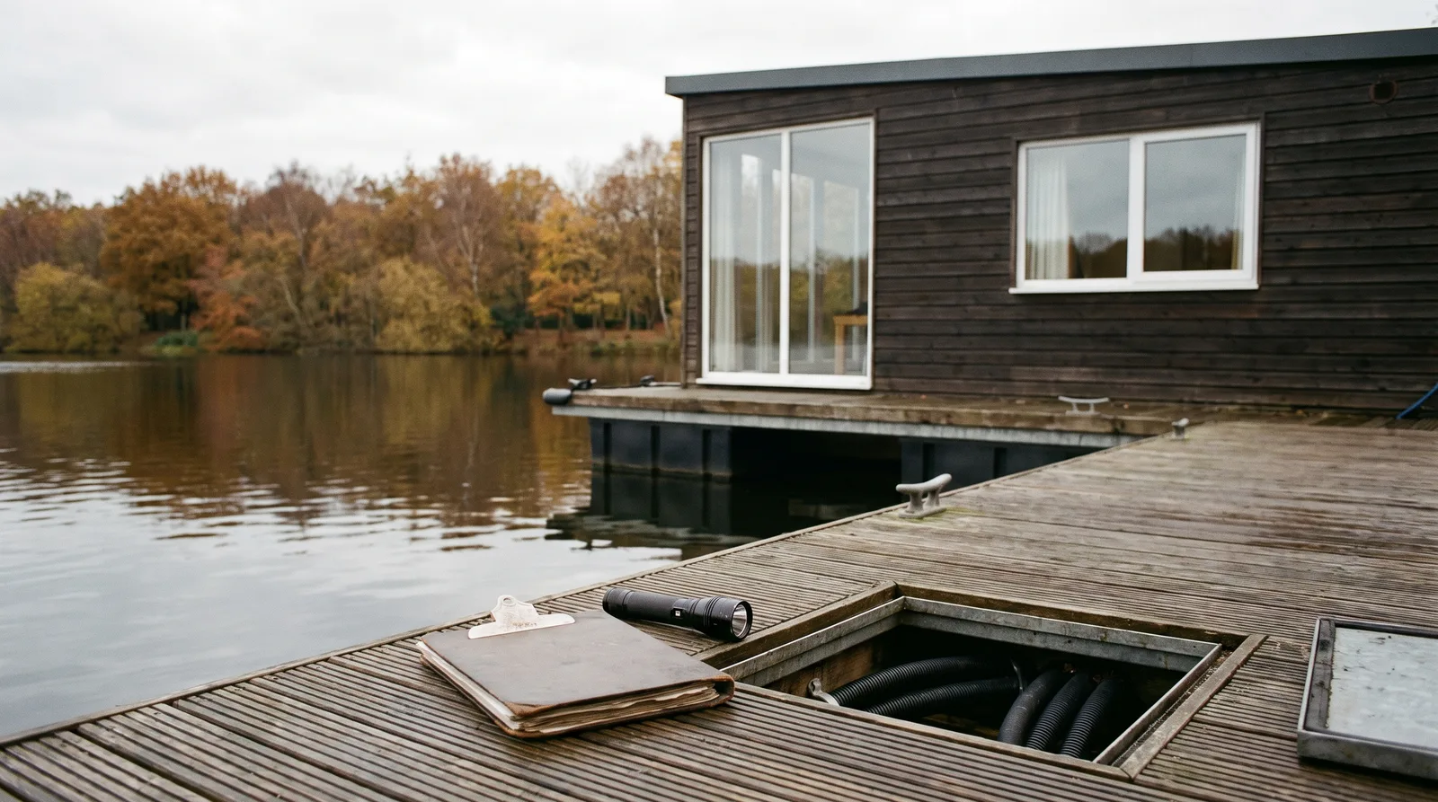 Hausboot mit dunkler Holzverkleidung an einem Holzsteg an einem ruhigen See, auf dem Steg Mappe und Taschenlampe neben einer offenen Luke