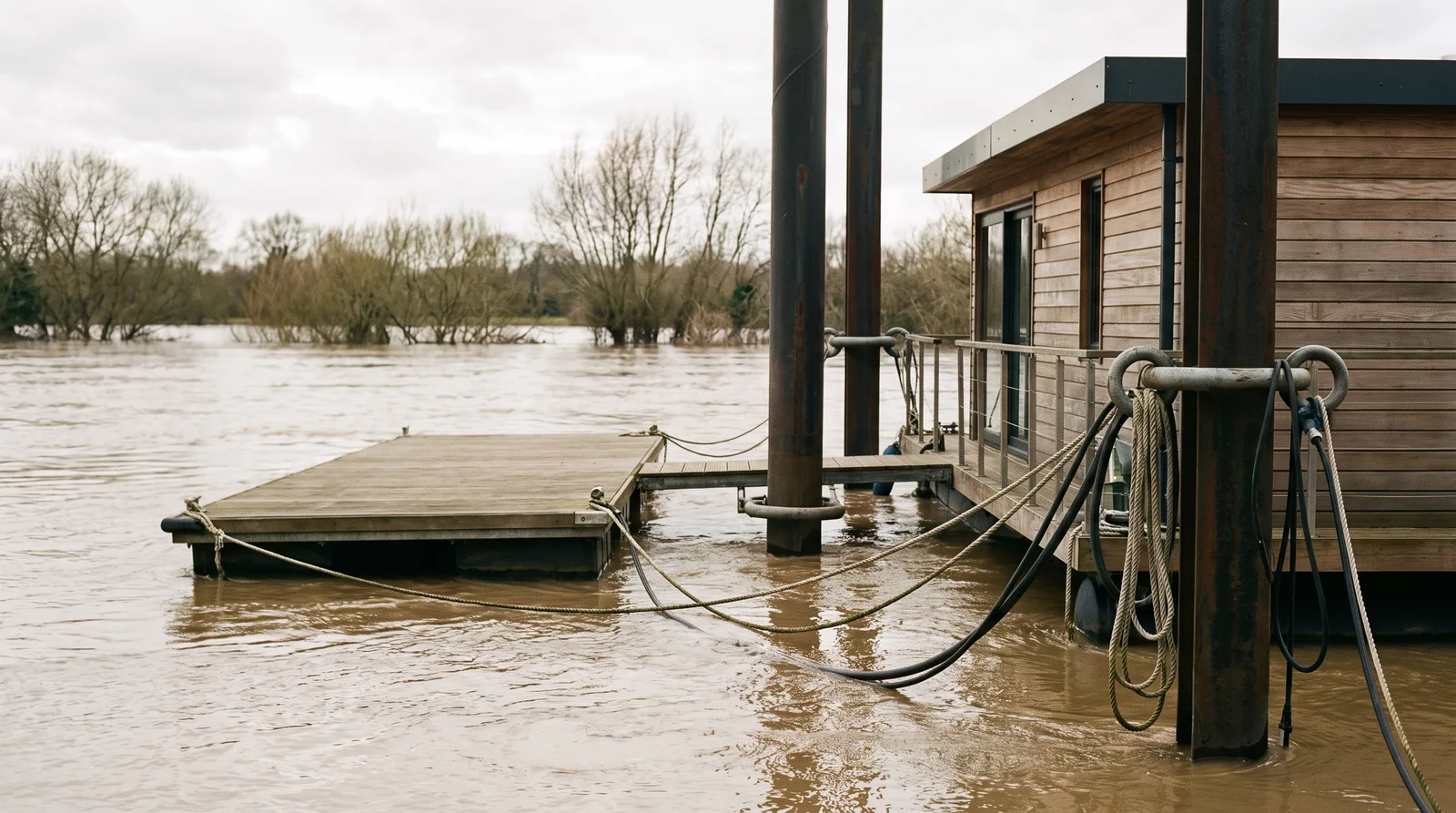 Modernes Hausboot bei Hochwasser auf einem Fluss, an hohen Stahldalben mit Gleitringen festgemacht, daneben ein angehobener Schwimmsteg