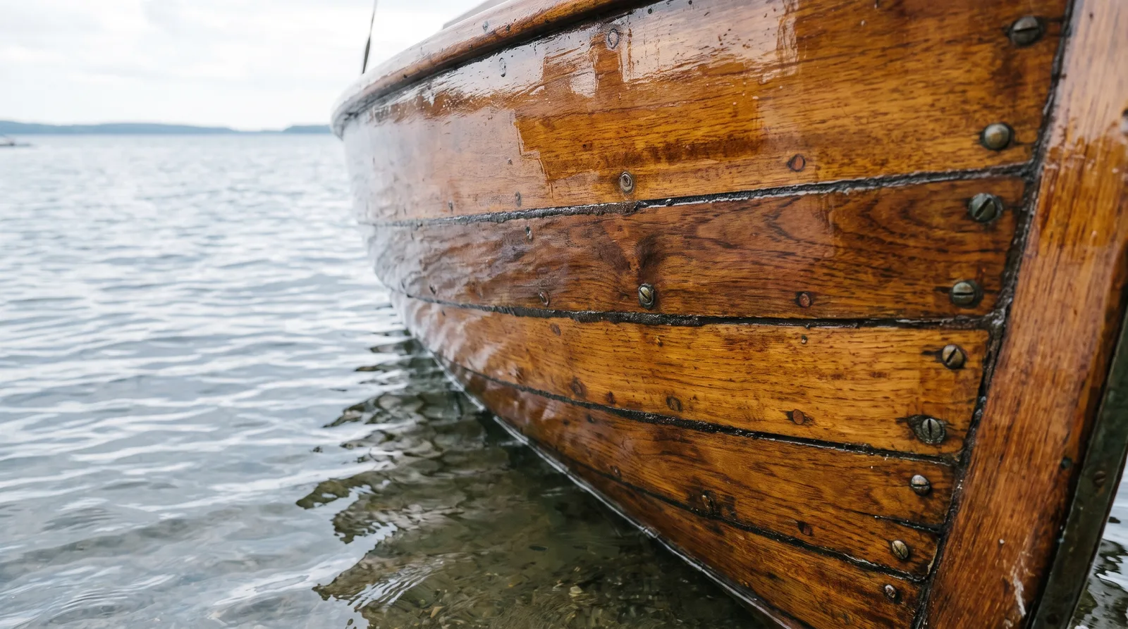 Lackierte Holzbeplankung eines gepflegten Bootsrumpfes an der Wasserlinie mit Nähten und Bronzeschrauben