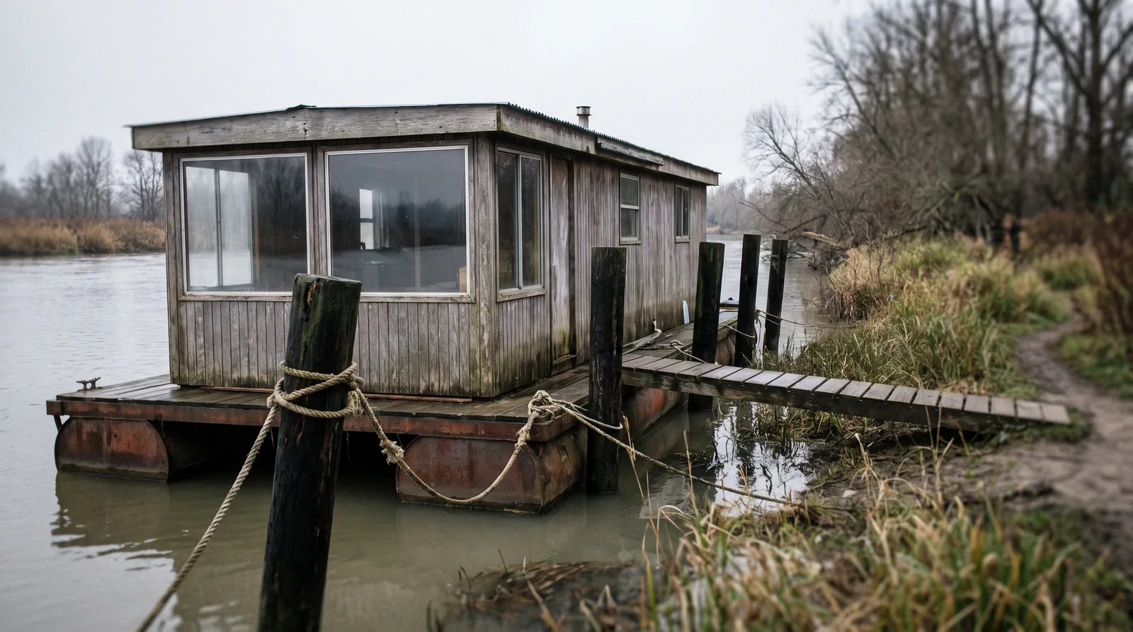 Schlichtes Hausboot ohne Motor an Holzpfählen am Flussufer, eine schmale Gangway führt ans Land
