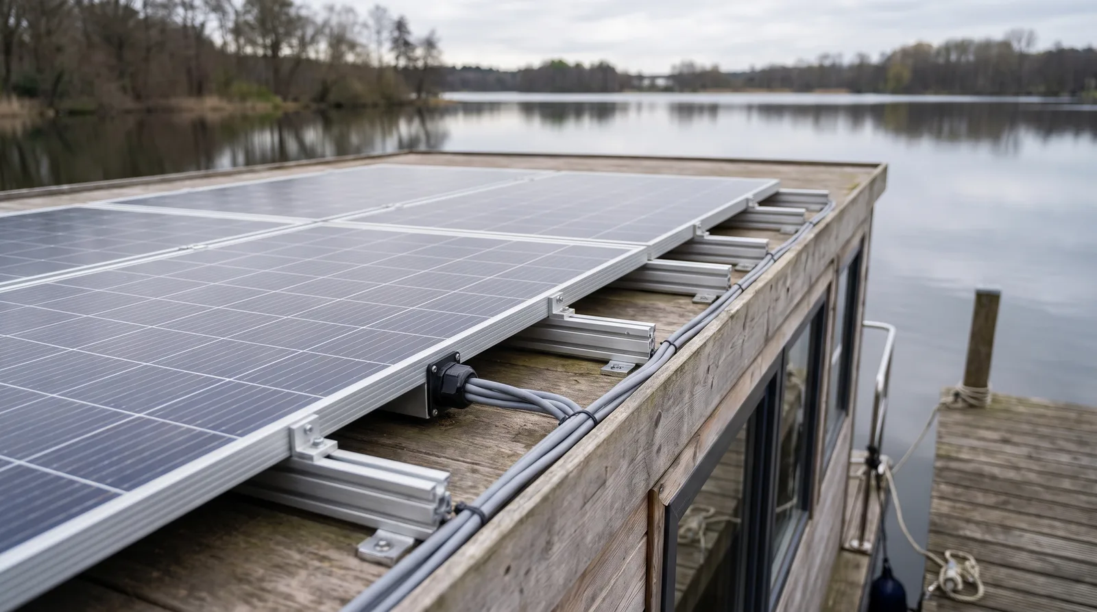 Solarmodule auf Aluminiumschienen auf dem Dach eines Hausbootes an einem Holzsteg, dahinter ein ruhiger See
