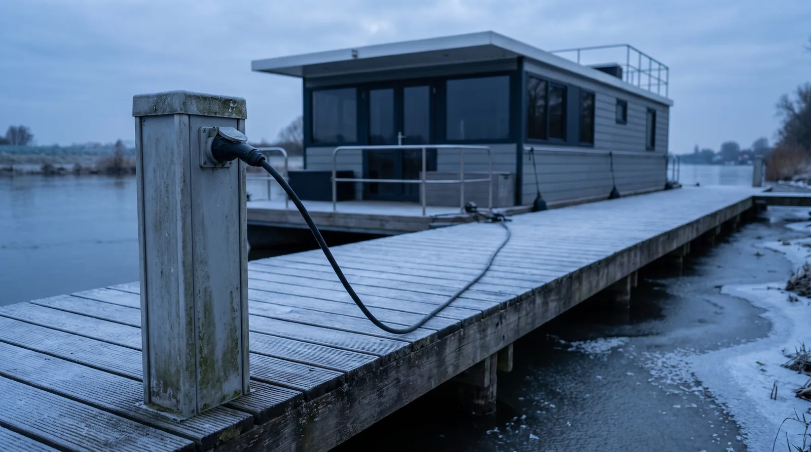 Landstromsäule mit eingestecktem Kabel auf einem bereiften Holzsteg, dahinter ein Hausboot und dünnes Eis am Ufer