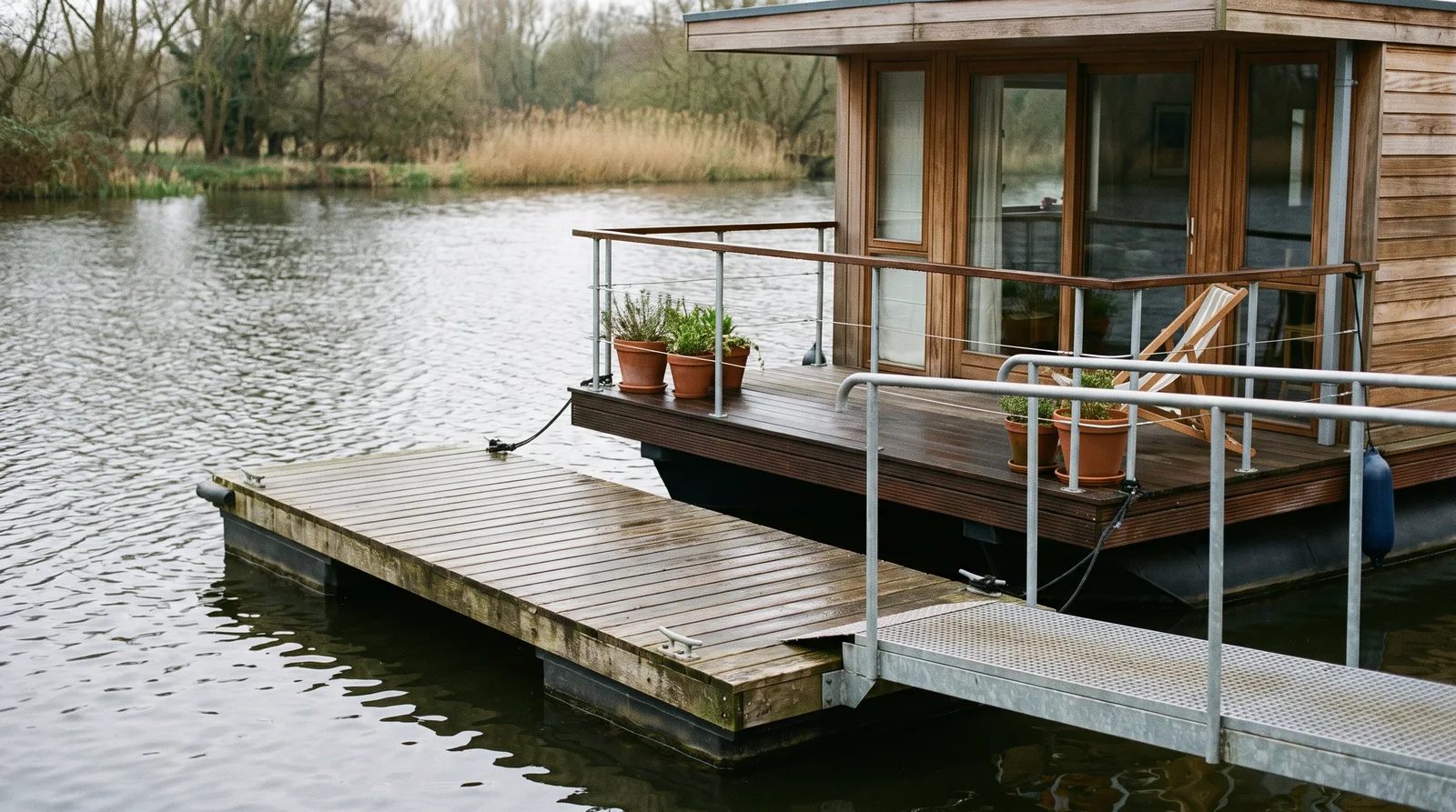 Gepflegtes Hausboot aus Holz auf einem Fluss mit Terrasse, Pflanzkübeln, Liegestuhl und Gangway zu einem schwimmenden Holzsteg