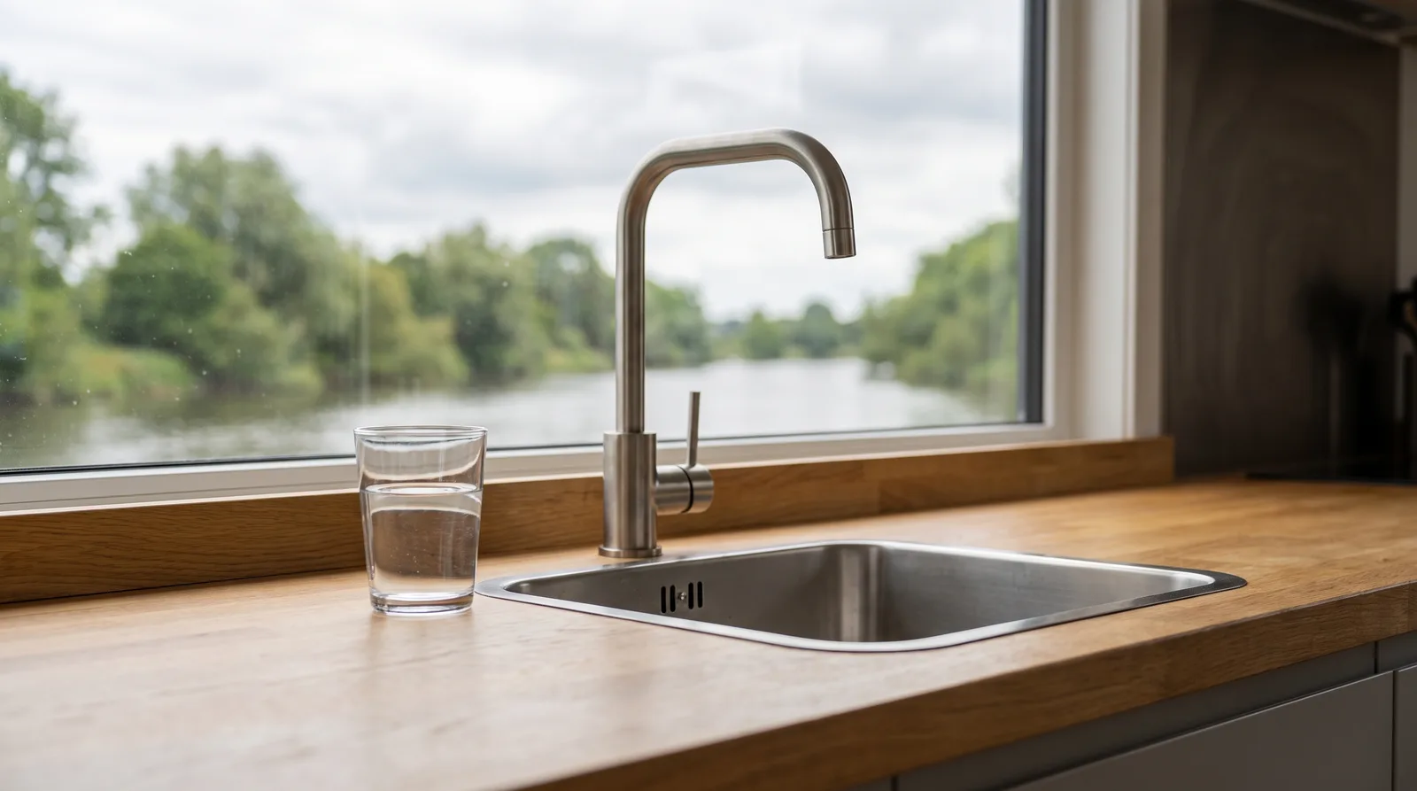 Küchenzeile eines Hausboots mit Edelstahlarmatur, einem Glas Wasser auf der Holzplatte und Blick durchs Fenster auf einen ruhigen Fluss