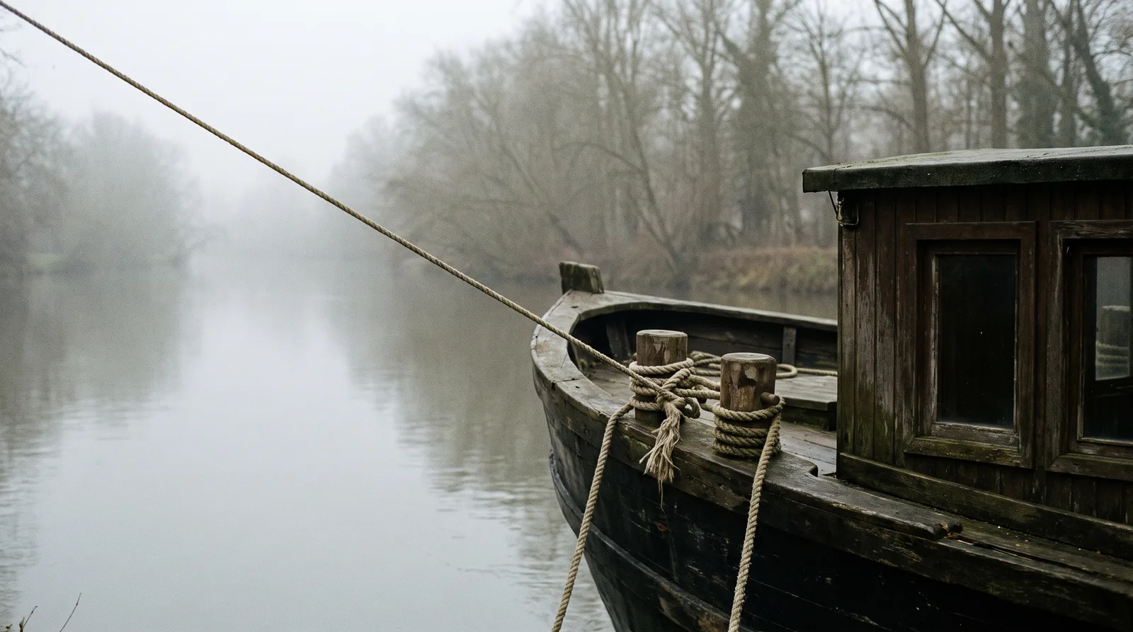 Bug eines hölzernen Hausboots auf einem nebeligen Fluss, an zwei Pollern belegt eine straffe Schleppleine, die aus dem Bild führt