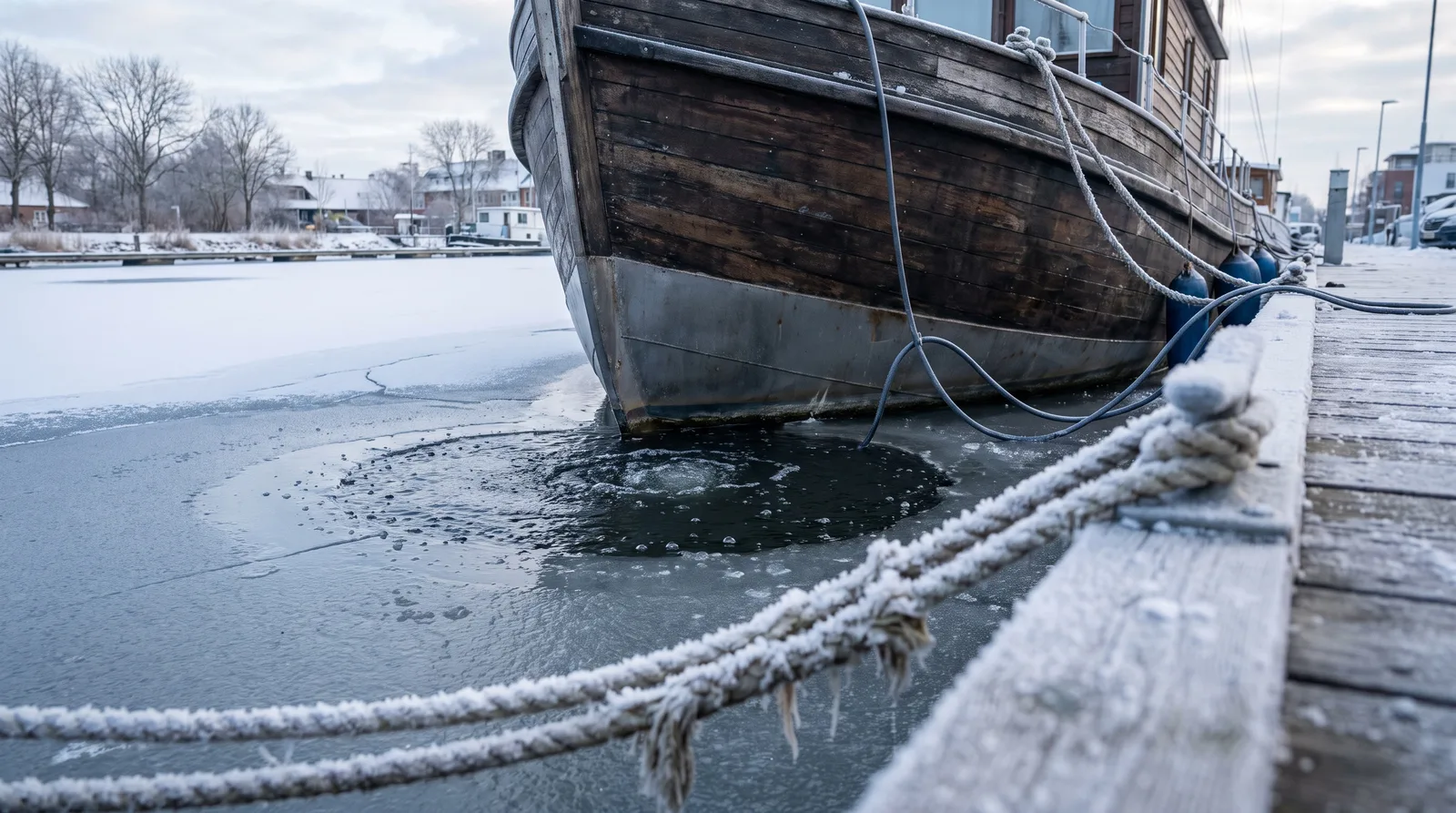 Rumpf eines Hausboots in einem zugefrorenen Hafen, rundherum eine offene Wasserrinne und Raureif auf den Leinen