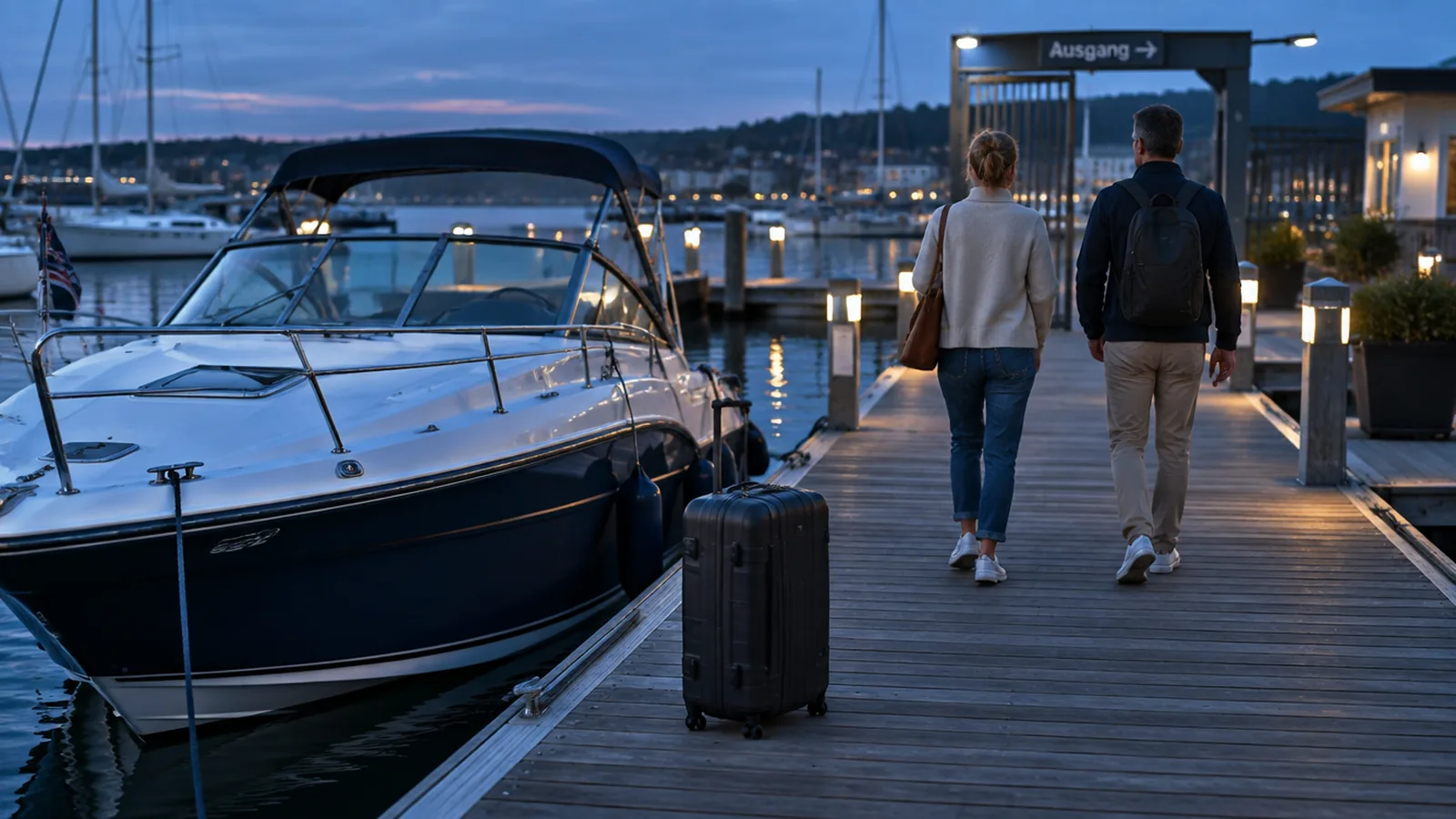 Ein Motorboot liegt in einer fremden Marina an der Adria, am Steg steht ein Koffer, zwei Personen gehen zum Ausgang