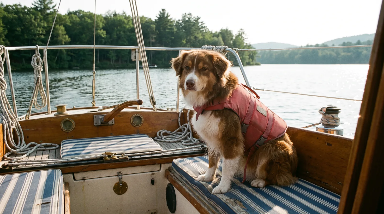 Hund in roter Schwimmweste sitzt im Cockpit einer Segelyacht, dahinter ein See