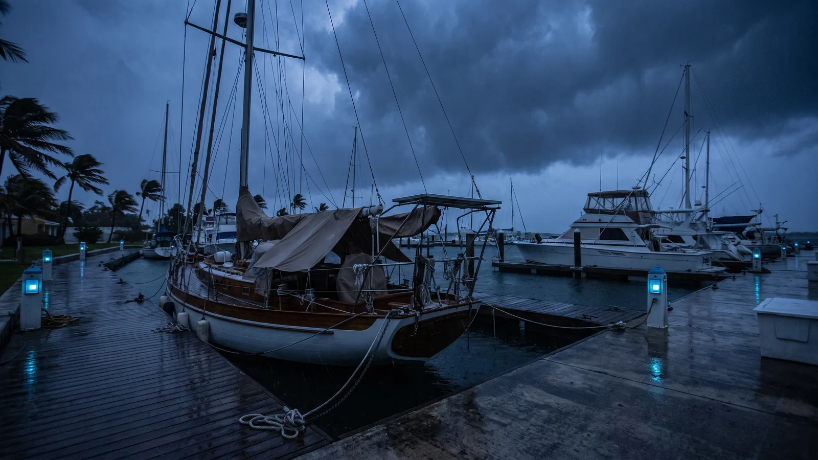 Tropischer Hafen unter tiefhängenden Wolken, die Boote abgeriggt und mit mehrfach geführten Leinen festgezurrt