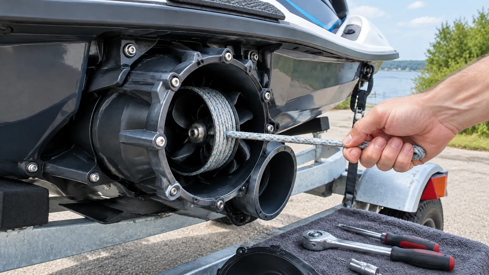Blick in die geöffnete Jetpumpe eines Jetskis, eine Leine hat sich um den Impeller gewickelt