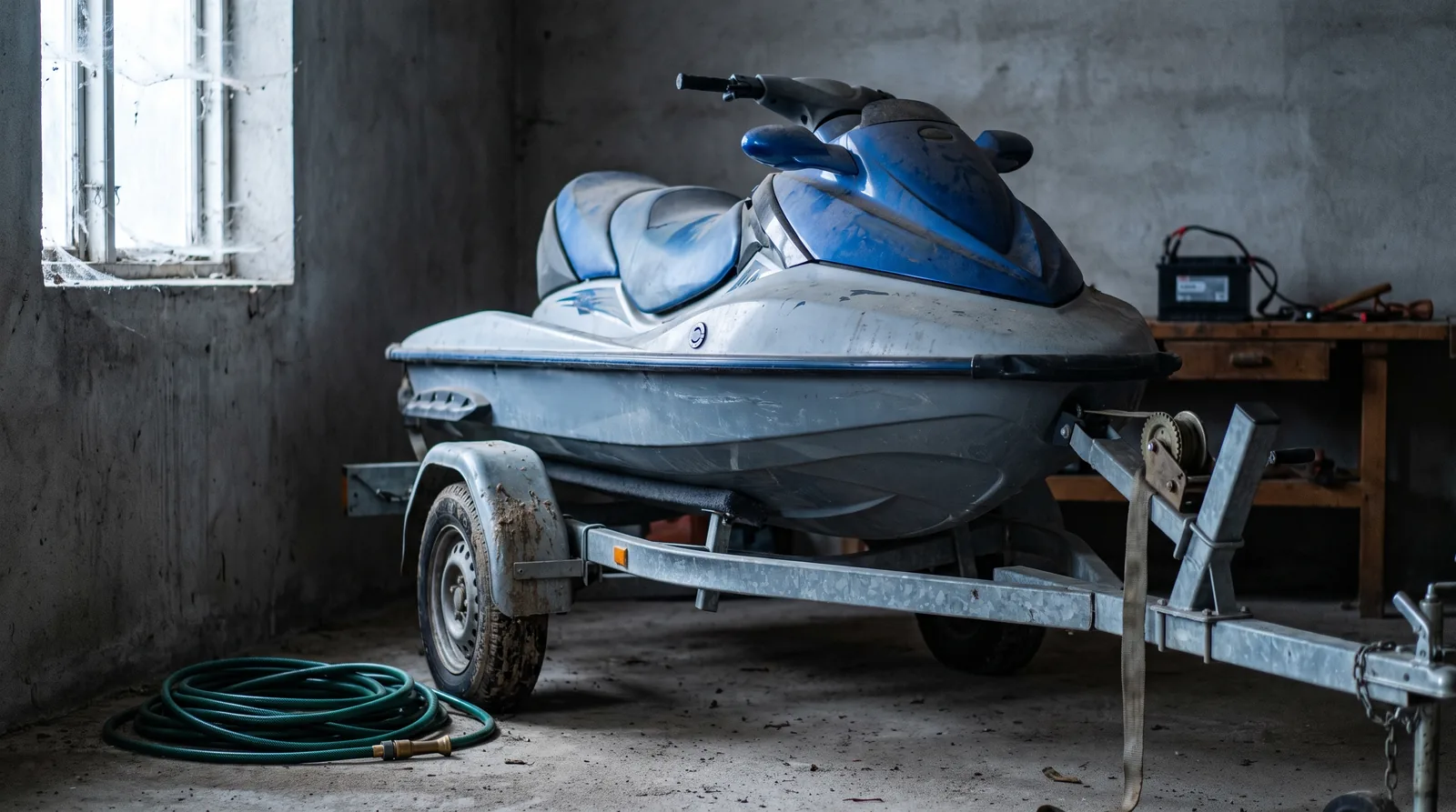 Wassermotorrad auf dem Trailer in einer unbeheizten Halle, daneben ein aufgerollter Gartenschlauch
