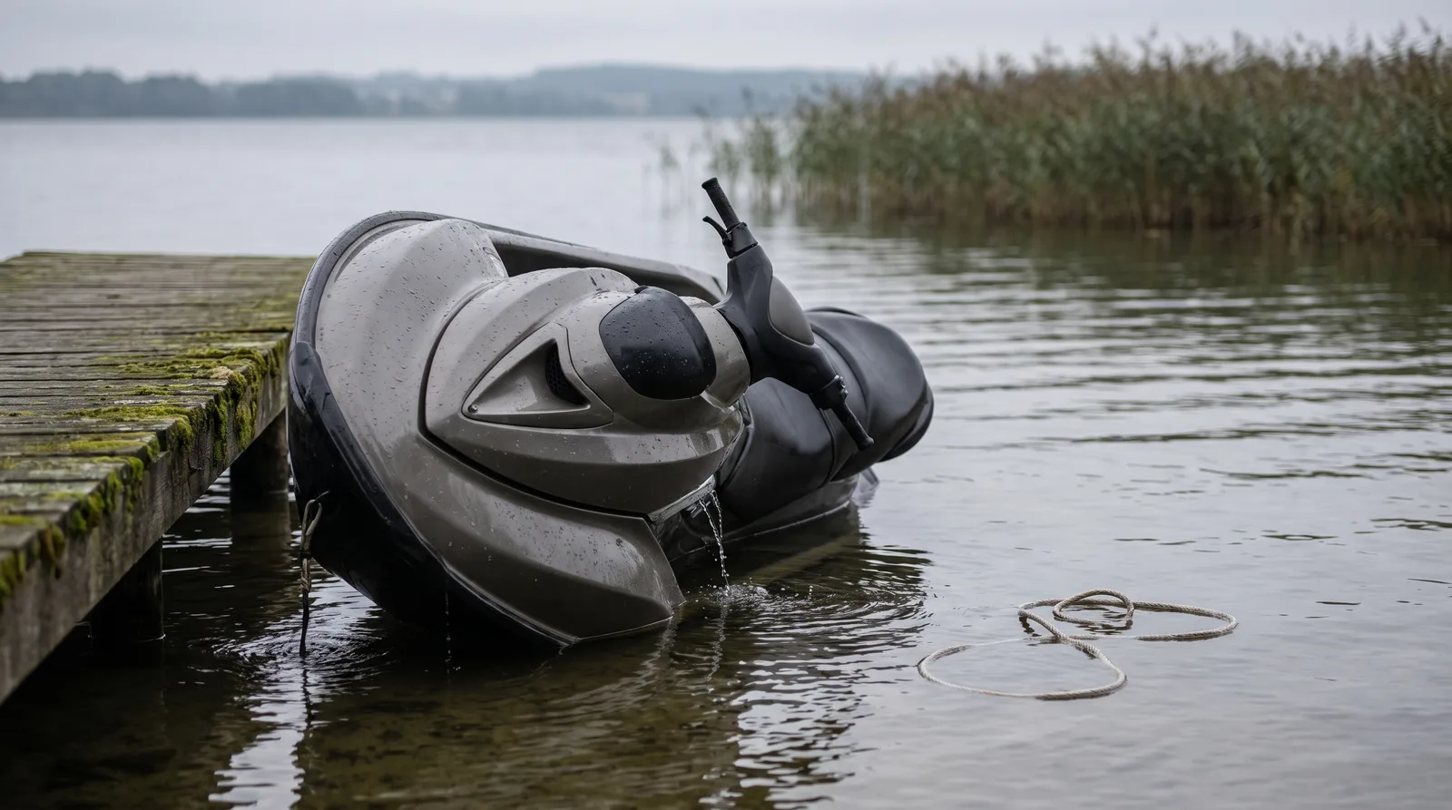 Ein Wassermotorrad liegt auf der Seite im flachen Wasser neben einem Holzsteg, Wasser läuft vom Rumpf ab