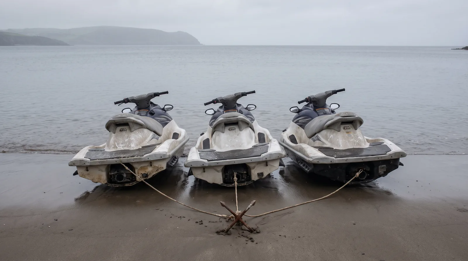 Drei Mietjetskis nebeneinander auf dem nassen Sand einer stillen Bucht