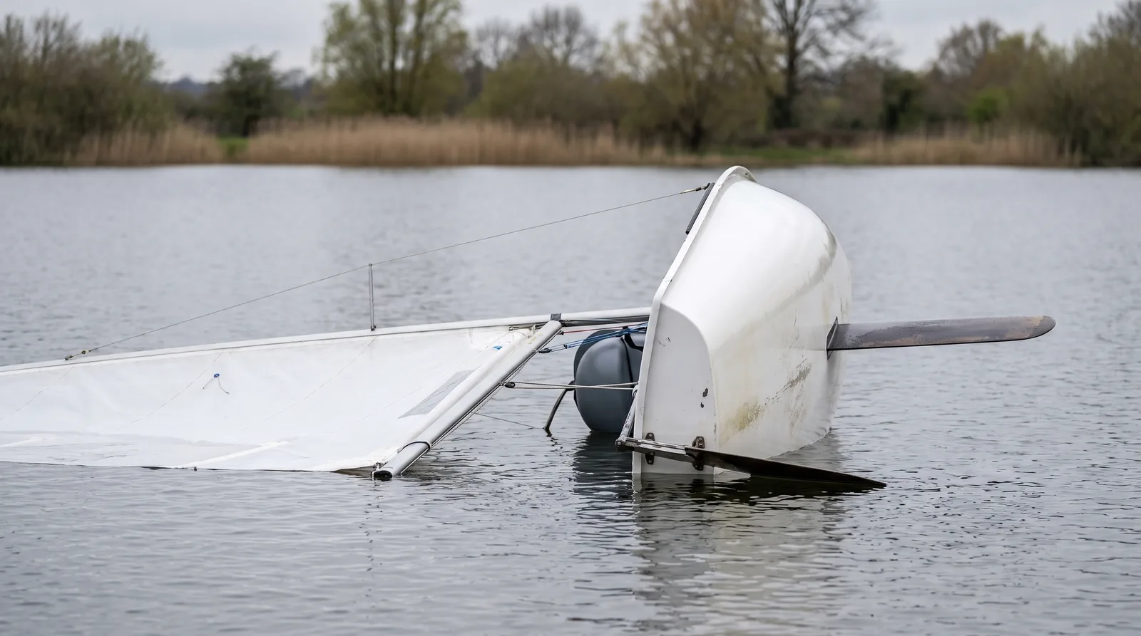 Weiße Segeljolle gekentert auf der Seite in einem See, Segel flach auf dem Wasser, das Schwert ragt waagrecht heraus, dahinter Schilf