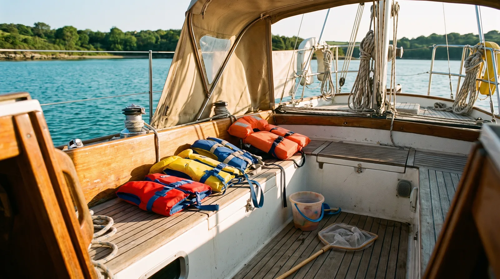 Kinderschwimmwesten in bunten Farben und ein Kescher auf der Cockpitbank einer ankernden Yacht