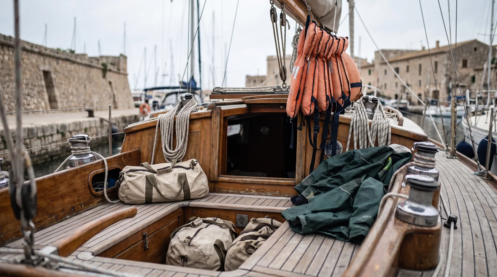 Gepackte Reisetaschen und eine Segeljacke im Cockpit einer hölzernen Segelyacht, am Niedergang hängen orange Rettungswesten
