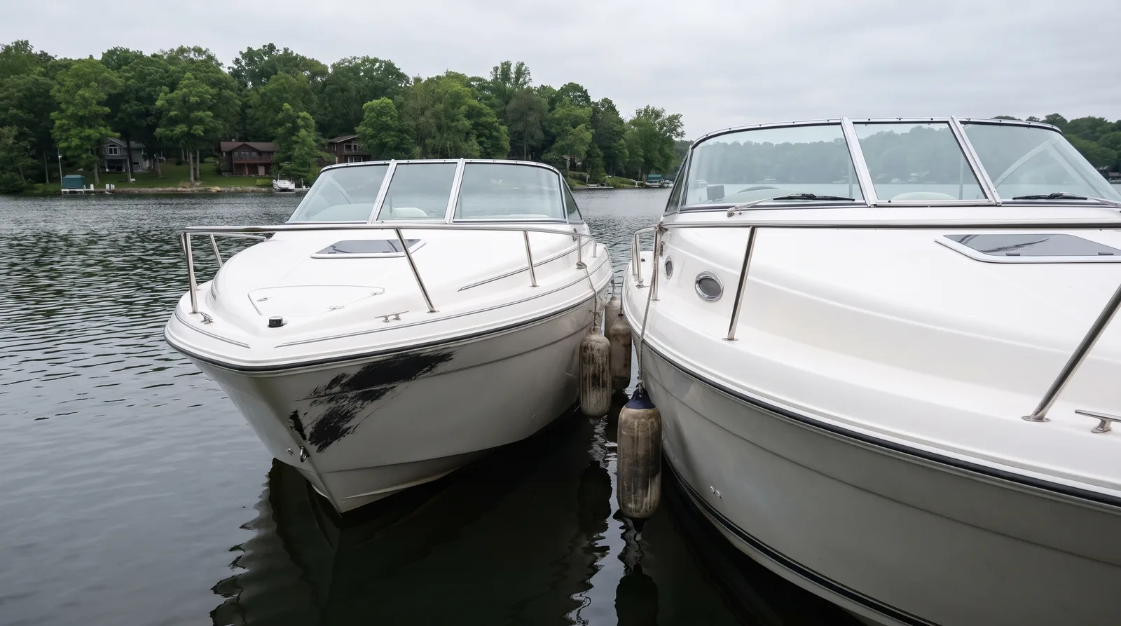 Zwei Motorboote liegen nach einem leichten Zusammenstoß Seite an Seite auf einem See