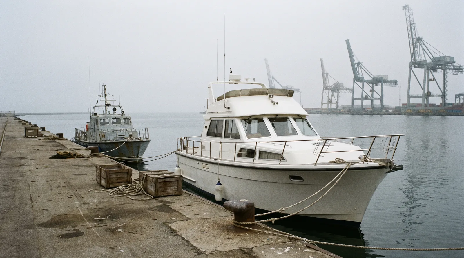 Einzelne Motoryacht an der Kaimauer eines fremden Hafens, daneben ein graues Behördenboot
