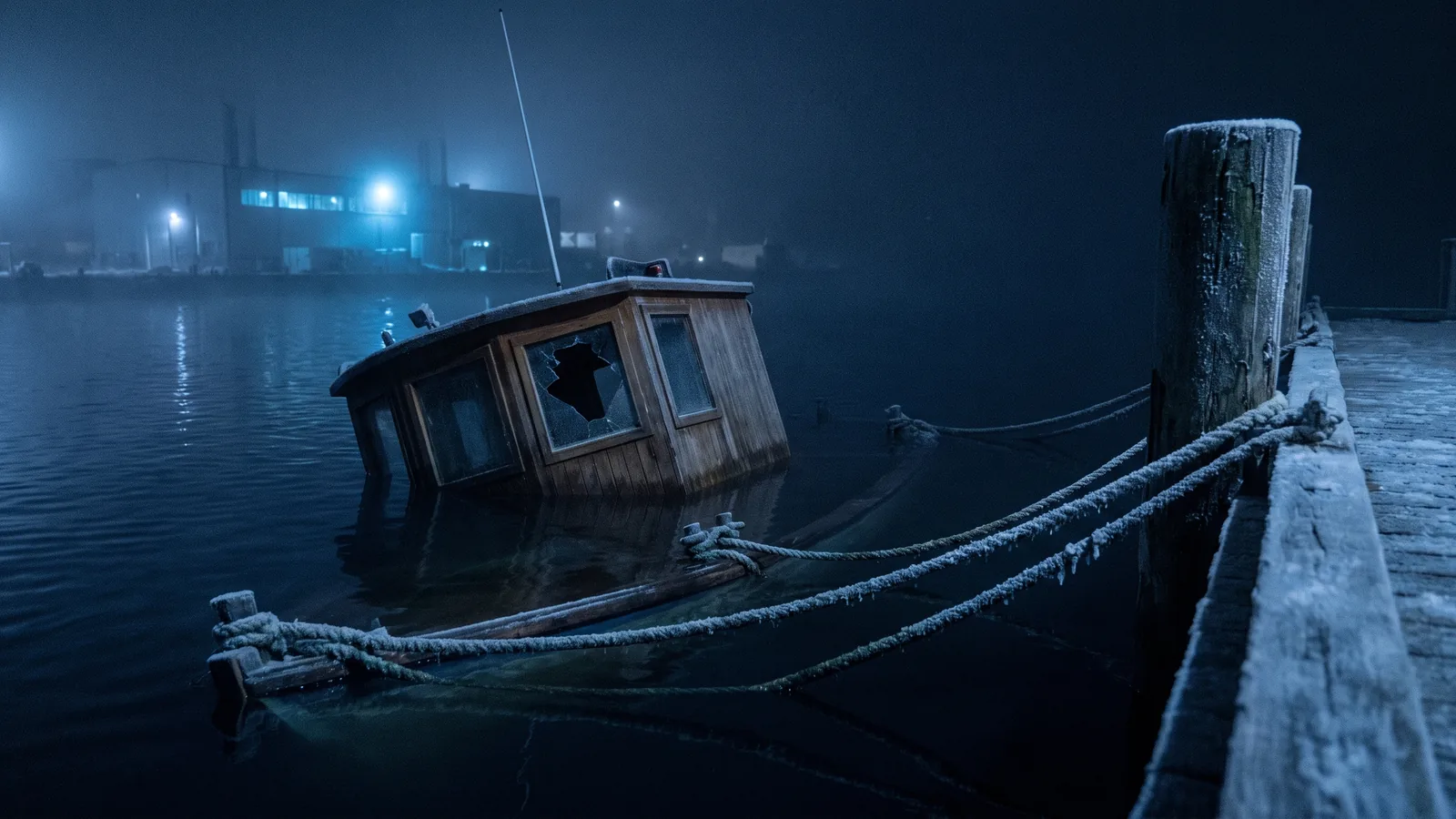 Ein am Liegeplatz gesunkenes Boot bei Nacht, nur das Kajütdach steht noch aus dem dunklen Wasser