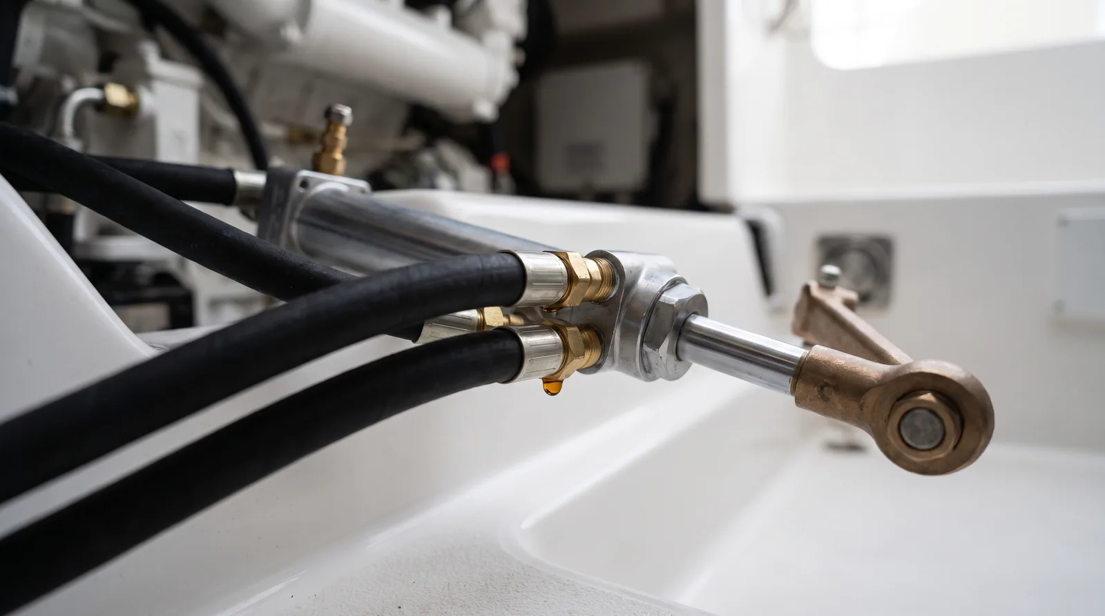 Hydraulischer Lenkzylinder mit schwarzen Schläuchen und Messinganschlüssen im sauberen Motorraum einer Motoryacht