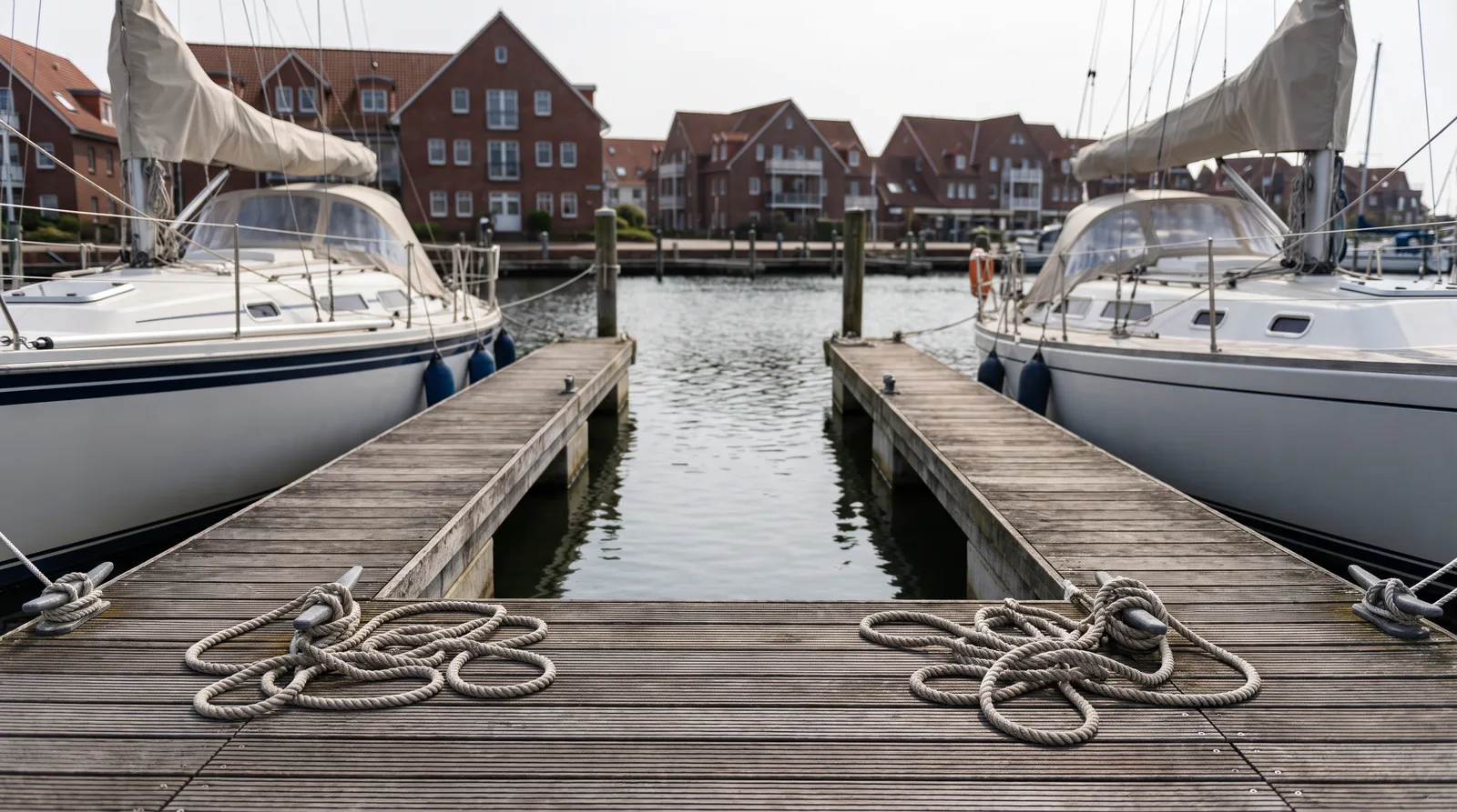 Leerer Liegeplatz zwischen zwei hölzernen Fingerstegen in einer Marina, aufgeschossene Festmacher auf den Klampen, daneben Segelyachten mit Persenning