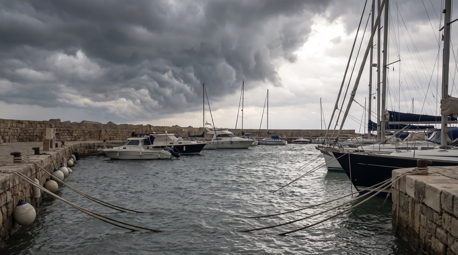 Schwere Sturmwolken über einem Mittelmeerhafen, die Yachten darin doppelt vertäut