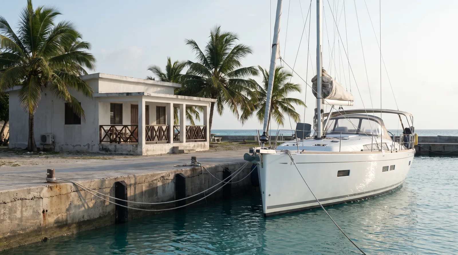 Fahrtenyacht am Zollsteg eines tropischen Hafens mit kleinem Amtsgebäude und Palmen