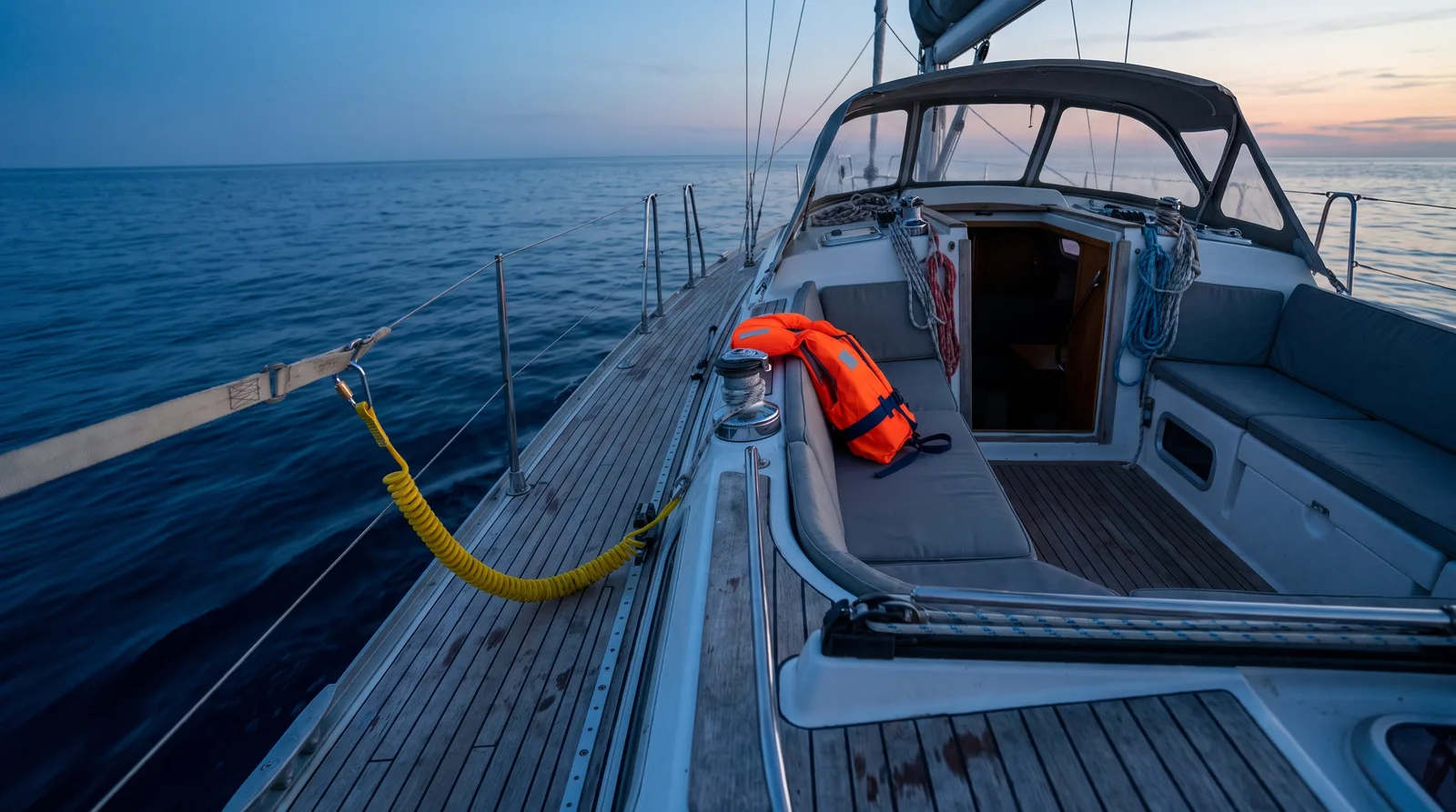 Leeres Heck einer Segelyacht zur blauen Stunde mit Reling und eingepicktem Lifebelt